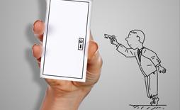 A hand holding a miniature white door, with a small stick figure approaching it with a key.