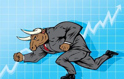Cartoon illustration of the stock market bull, wearing a suit and running over a sharply rising white graph line on a blue background.