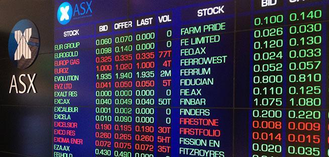 Overview of the Australian Stock Exchange trading floor with active market activity.