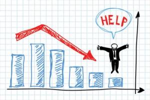 Cartoon drawing of a businessman next to a falling bar graph and a red down arrow, asking for 'HELP.'