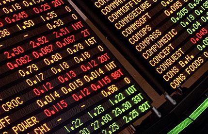 Digital stock market ticker showing Australian Securities Exchange (ASX) trading data with companies and red and green numbers.