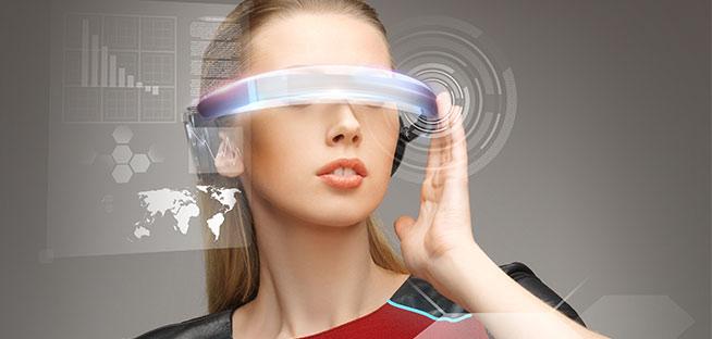 Woman wearing futuristic holographic glasses, interacting with augmented reality data interfaces, including charts and a world map.