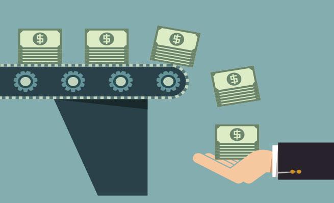 Illustration of money coming off a conveyor belt into a hand.