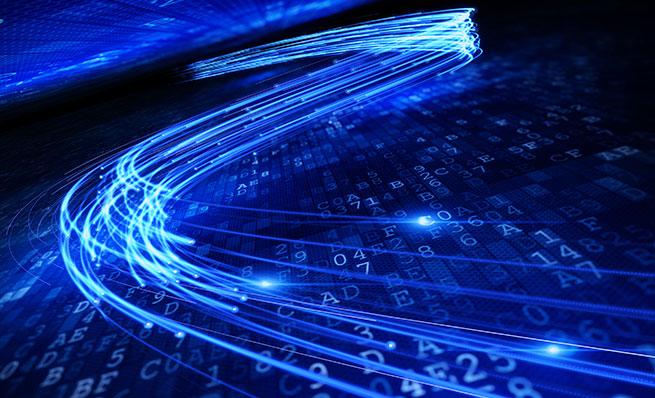 Abstract illustration of blue light streams over binary code, representing high-speed data flow.