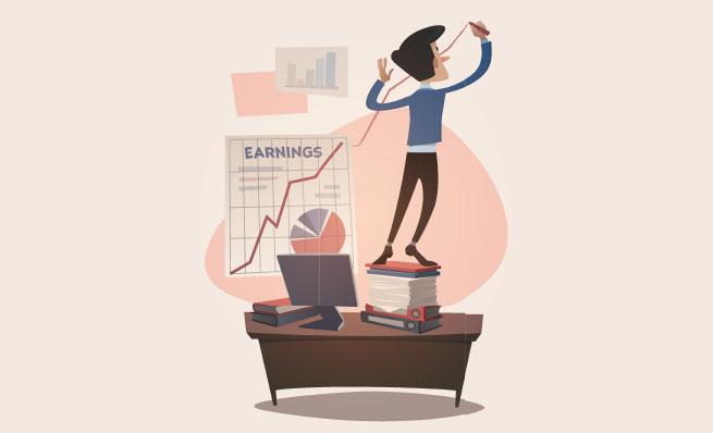 A cartoon illustration of a person standing on a stack of books, drawing an upward red line on a chart labeled "EARNINGS."