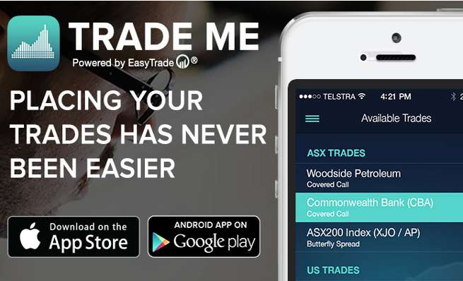 Ad for the "Trade Me Powered by EasyTrade" mobile app with download buttons.