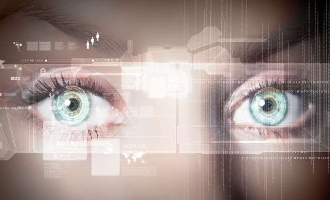 A close-up of a person's eyes with a futuristic, transparent data overlay.