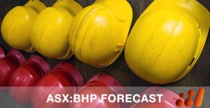 Yellow and red hard hats hanging on a wall, with text "ASX:BHP FORECAST" overlay.