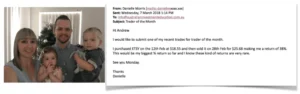 Photo of a smiling couple with their two young children next to an email from Danielle Morris detailing a successful Etsy trade with a 38% return in two weeks.