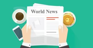 Hands holding a newspaper titled "World News" with coffee, phone, and food on a green table.