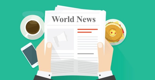 Hands holding a newspaper titled "World News" with coffee, phone, and food on a green table.