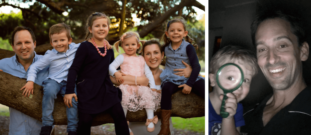 A family of six, two adults and four young children is shown in two separate photos, one on a tree branch outdoors and one of a father and son with a magnifying glass.