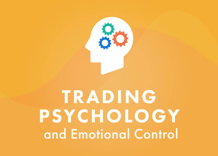 Silhouette of a head containing three colorful gears, with the text "TRADING PSYCHOLOGY and Emotional Control.