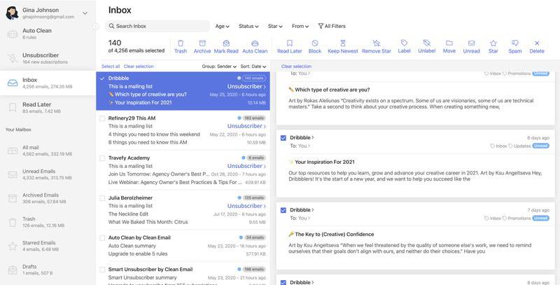 Screenshot of an email application's inbox showing 140 emails selected, with a focus on filtering and batch actions like "Unsubscribe" and "Auto Clean."