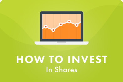 Laptop showing an orange and white line chart with an upward trend, with the text "HOW TO INVEST In Shares."