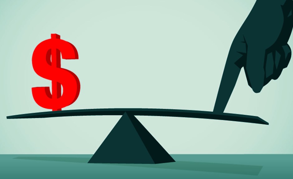 A dark illustration of a finger pushing down on one side of a seesaw or balance scale to lift a large red dollar sign ($) on the opposite side, symbolizing financial leverage.