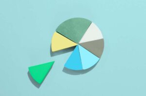 A flat-lay image of a pie chart made of six foam wedges in various colors (green, yellow, white, gray, blue), with one wedge slightly separated, symbolizing a stock portfolio's diversification or allocation.