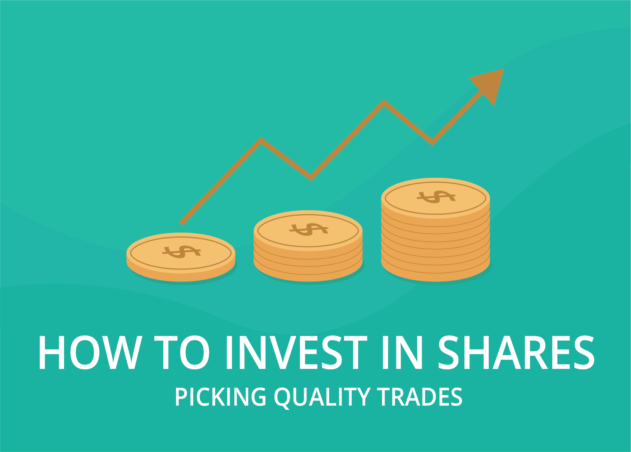 A graphic illustration on a teal green background showing three stacks of gold coins increasing in height from left to right, symbolizing growth. An orange upward-trending line graph with an arrow hovers over the coins.