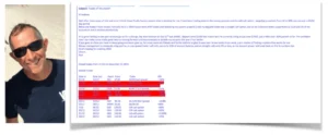 A middle-aged man smiling in sunglasses next to an email detailing his successful stock trading performance in late 2019.